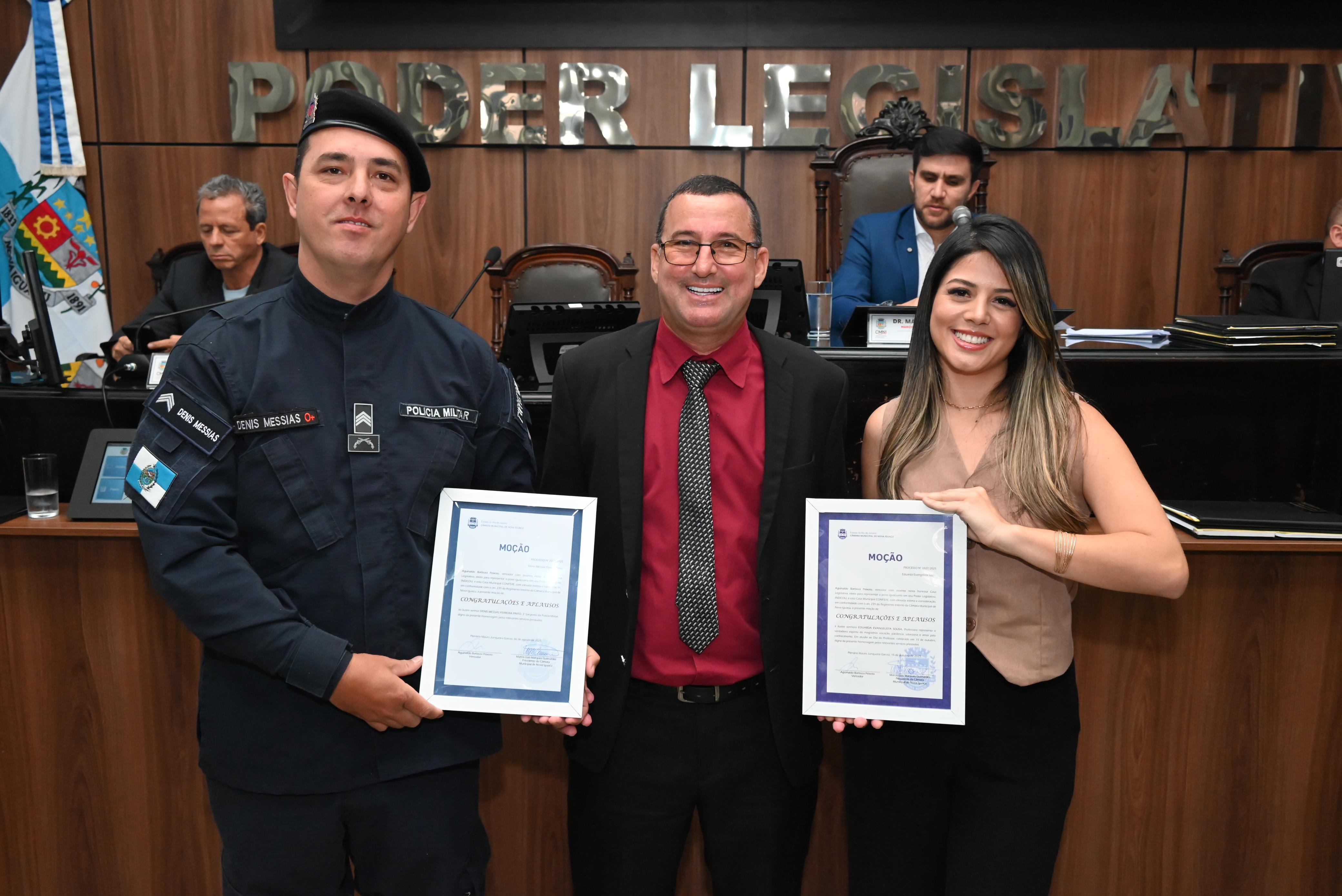 PM Denis Silva, ver Camu e a professora Eduarda Evangelista
